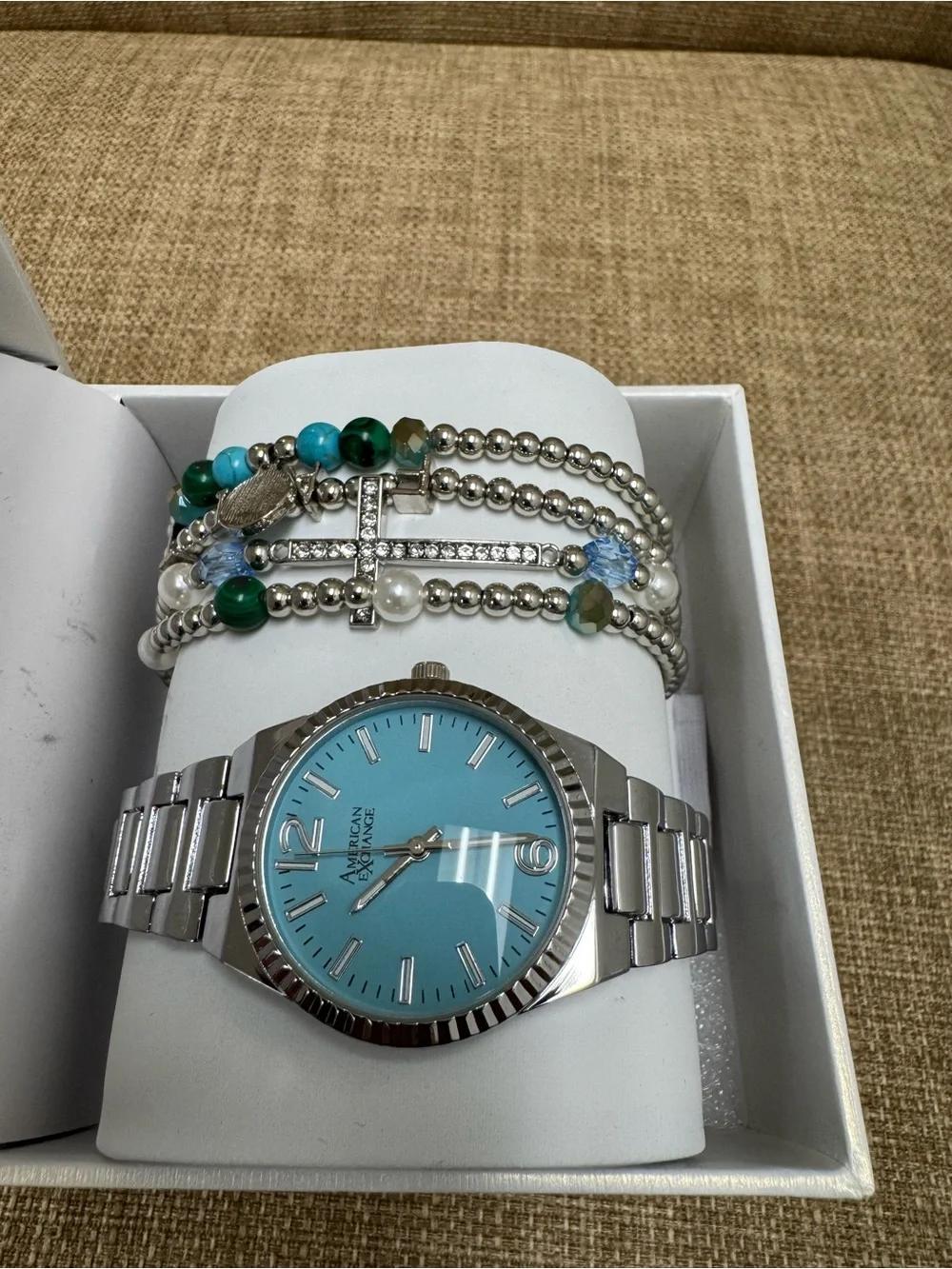 American Exchange Women’s Quartz Silver Tone Blue Dial Bracelet Box Set